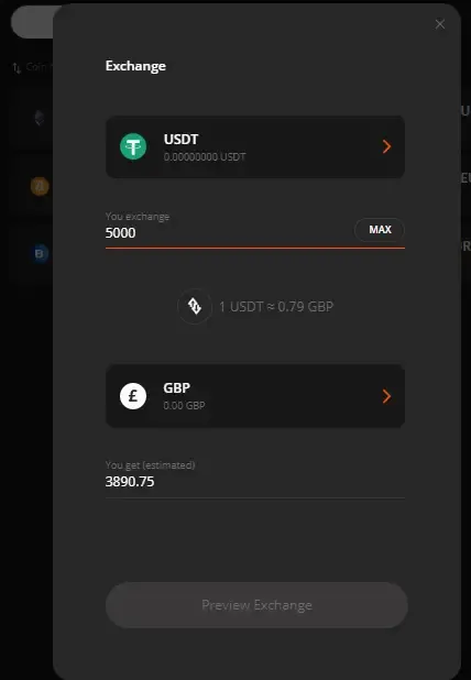 Ledger Crypto Virtual Card Exchange USDT to GBP