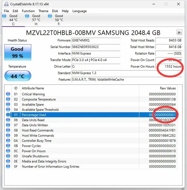 CrystalDiskInfo Software Shows Percentage of Usage (Lifespan) of SSD