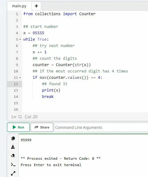 Python code to find out the smallest integer that has 4 identical numbers and greater than 95,555