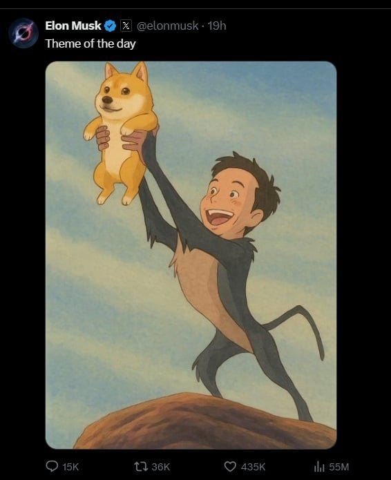 Elon Musk promotes DOGE aka dogecoin again using a Ghibli picture