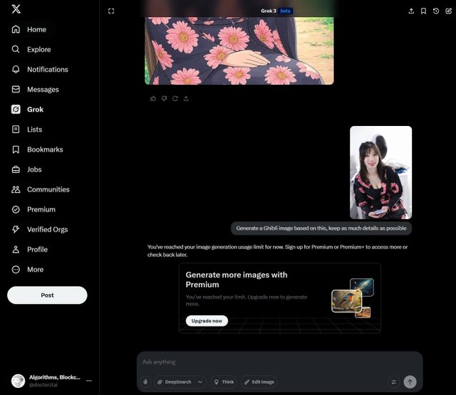 Grok 3 is free for a limited amount of period, and there is a limit on how many times you can convert picture to picture