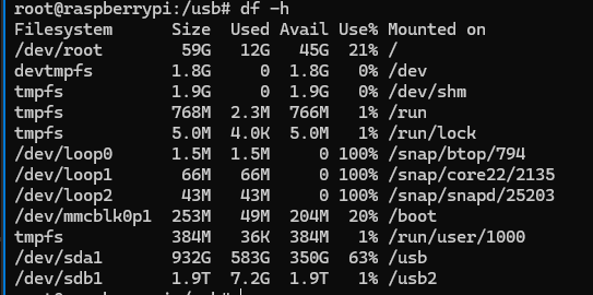 The df confirms the USB hard drive has been connected and allocated/mounted.