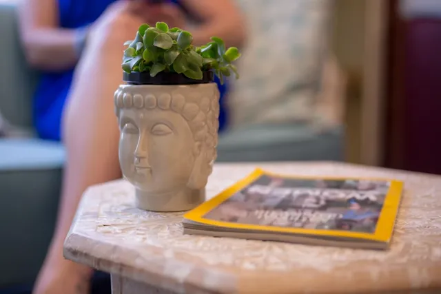 A small statue of a head with a plant on it