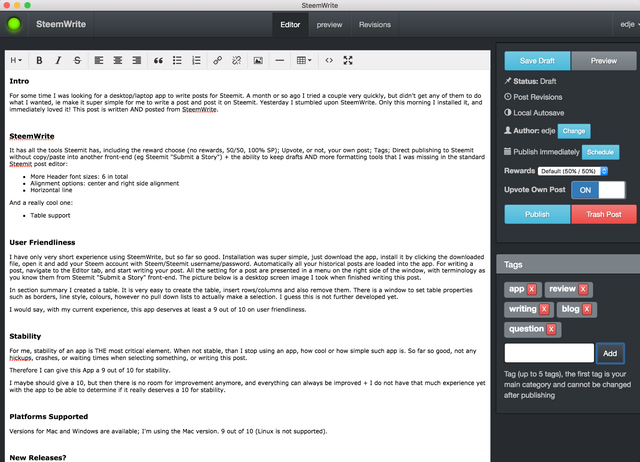 Screenshot of SteemWrite Desktop App