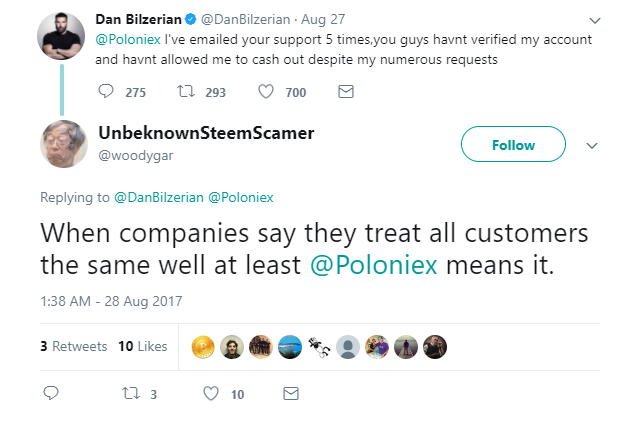 UnbeknownSteemScamer: When companies say they treat all customers the same well at least @Poloniex means it.