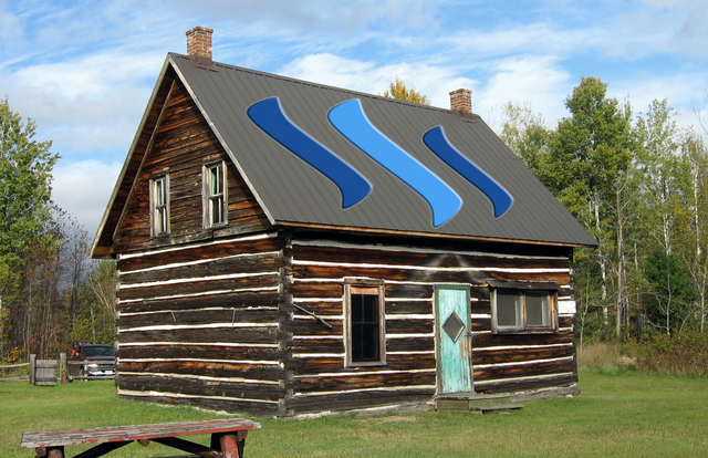 A cottage with the Steem logo on the roof