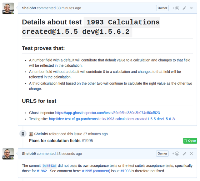 Screenshot of github issue where I'm typing everything about manually running tests
