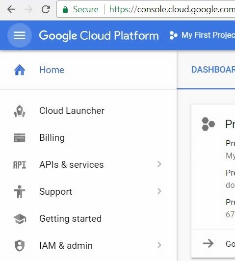Google Cloud Platform main menu