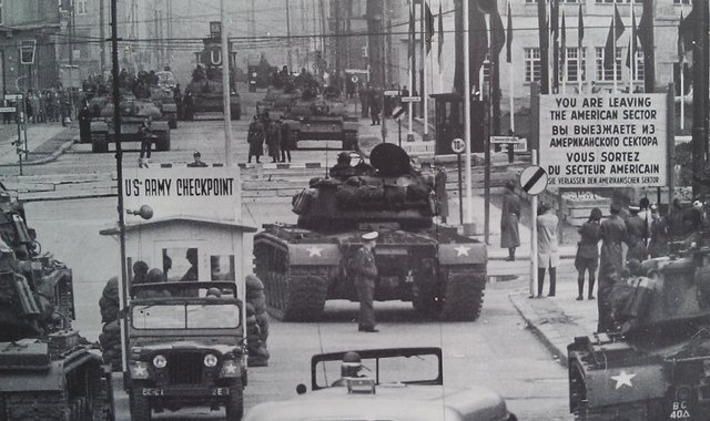 Soviet tanks staring down Checkpoint Charlie in Berlin