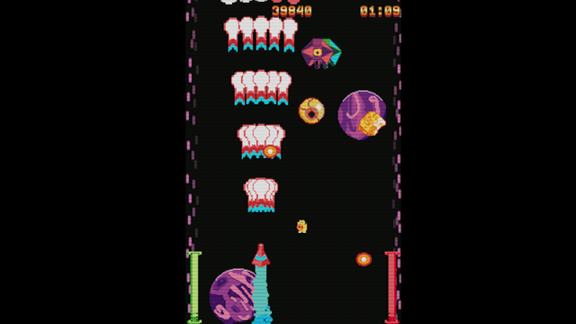 A pinkish wedge representing the player's spacecraft sprays colorful bullets upward toward enemy eyeballs and asteroids