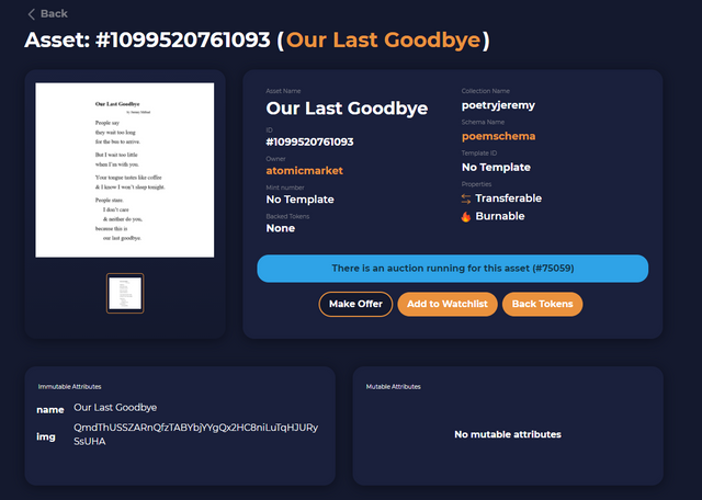 Atomic Hub Screenshot of Our Last Goodbye (NFT)