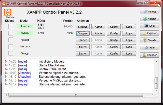 XAMPP Control Panel - Module sind gestartet