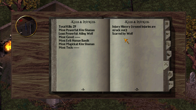 The in-game journal, open to the "Kills and Injuries" page. The Injuries list shows "Scarred by Wolf" as an untreated wound.