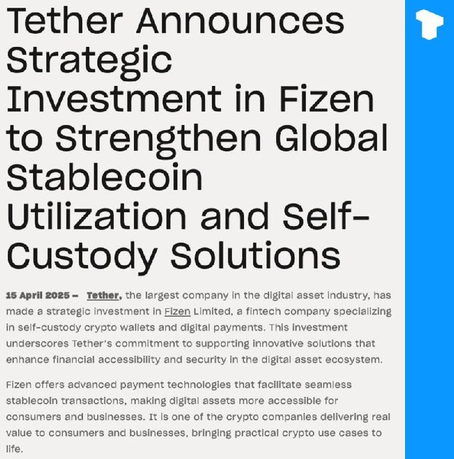 Tether Invests in Fizen Limited to Boost Stablecoin Adoption and Self-Custody Solutions