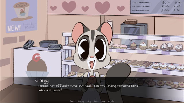 Gregg, a nonbinary... ferret? squirrel? raccoon?... remarks that it's hard to find someone in this town who isn't queer