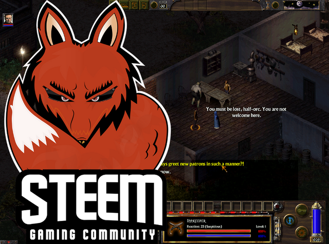The Steem Gaming Community logo overlaid on a scene with an innkeeper saying "You must be lost, half-orc. You are not welcome here."