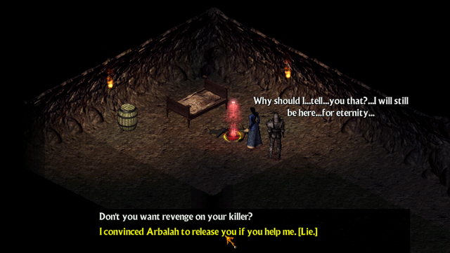 Amaira speaks with a translucent red figure. It asks why it should tell her the location of its treasure; she responds with a lie, saying the priest Arbalah will end the curse if it cooperates.
