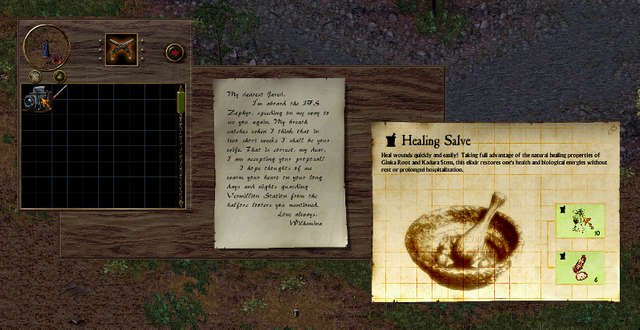 Three gameplay screens stitched together: an item pickup window with a camera, a love letter from "Wilhelmina" to "Jared", and a recipe page combining a Ginka Root and a Kadura Stem into a Healing Salve