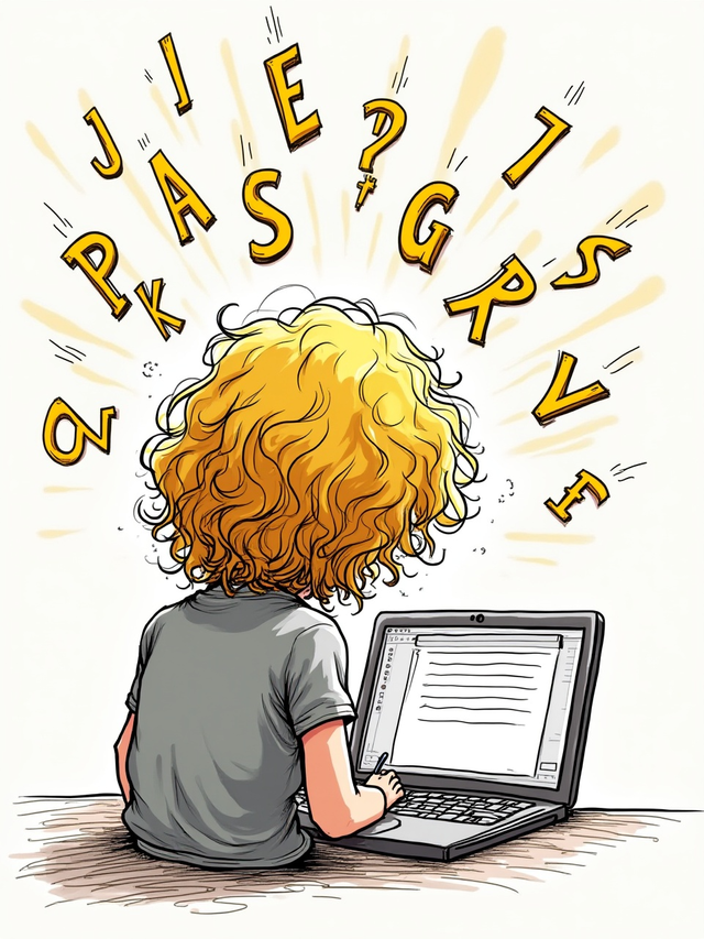 Letters flying around a girl writing – artistic visual