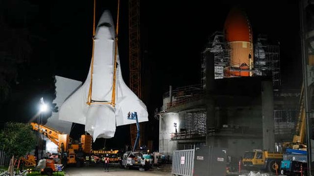 The Endeavour orbiter was hoisted atop an external tank and two solid boosters.