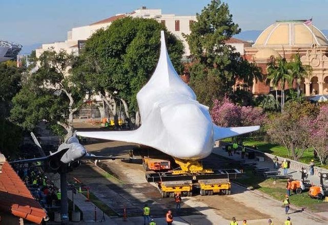 Endeavour en route to its new vertical display. 