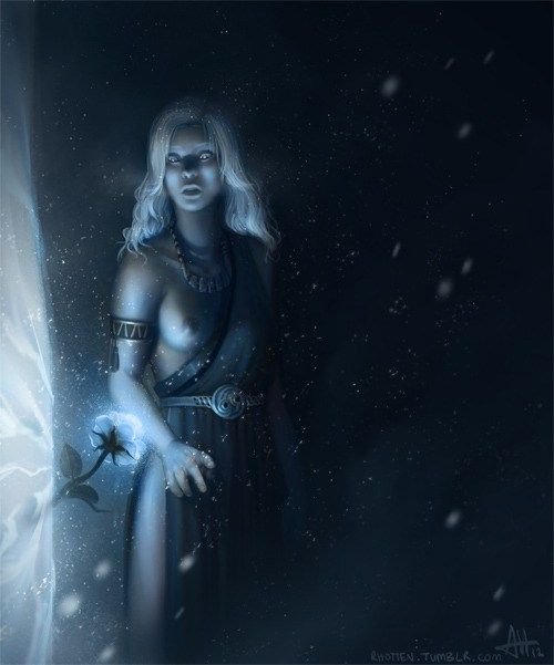 Visión de Daenerys en la Casa de los Eternos con la flor azul en el muro de hielo, por Rhotten