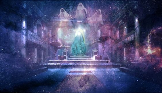 Eru/Iluvatar in his timeless palace with the spirits of the Ainur: Manwe, Varda and Melkor.