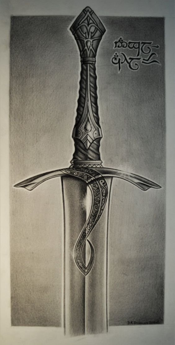 Pencil drawing of Elven sword 'Anglachel' (ORIGINAL artwork) inspired by The Lord of the Rings, The Silmarillion and The Hobbit by Tolkien.