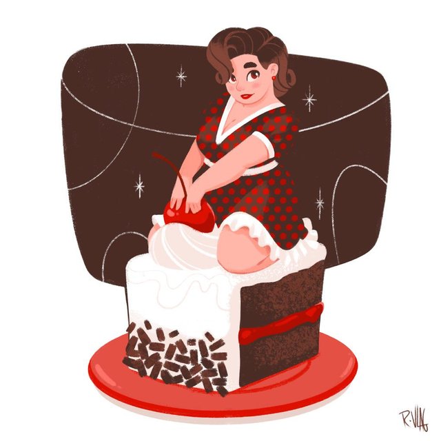 Hello. I’m new to the group, but I would like to share some of the pinup art that I draw. I like pinups on cakes as I try and match their outfits to the desserts. This is Black Forest Cake. Enjoy.