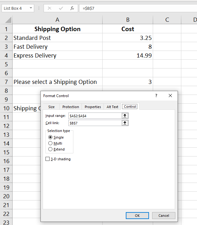 formatting a control in excel