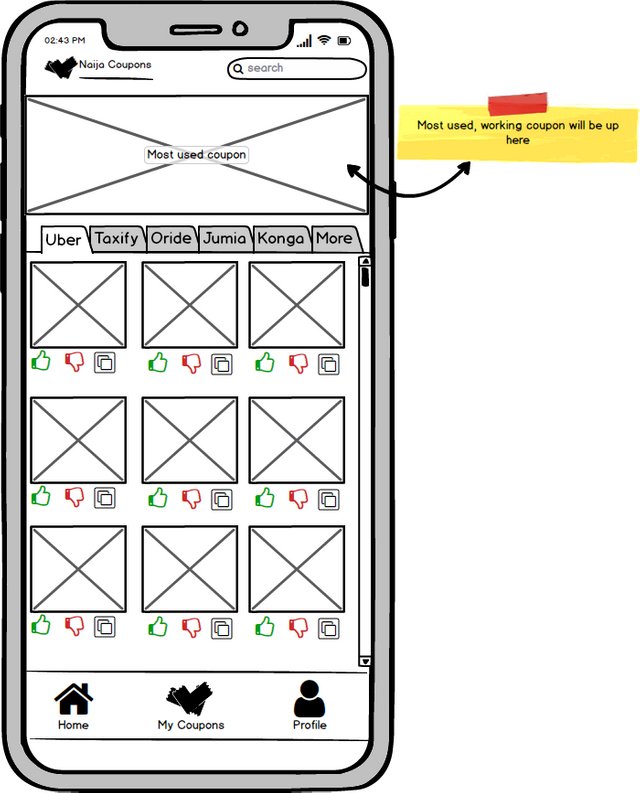 Coupons page wireframes