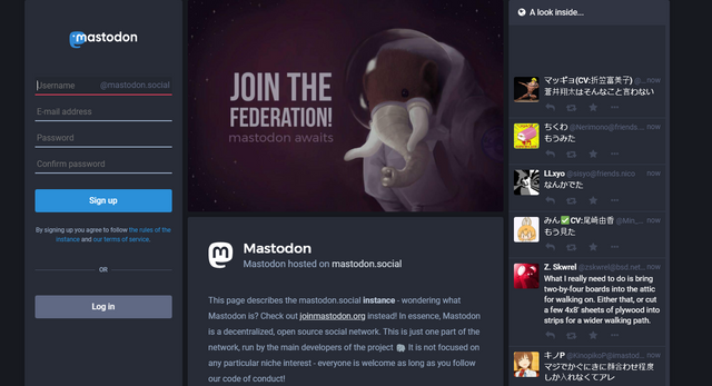 Captura del frente de la web e la red social, Mastodon