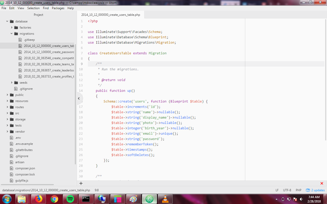 Screenshot of the users table migration