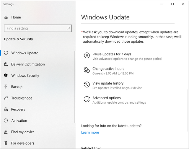 Windows 10 update menu