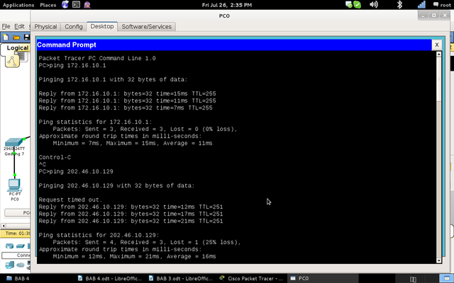 Gambar 4.18 PING dari PC0 ke VLAN 10 dan Modem.png