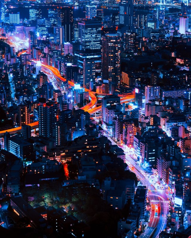 Beautiful skyline of Tokyo with orange and blue lights illuminating its streets