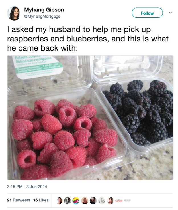 This husband who doesn't seem to know what blueberries are.