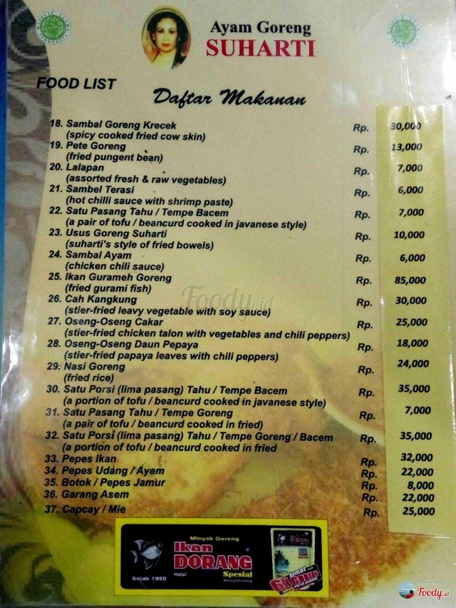 Ayam Ayam Goreng Suharti Jakarta Menu