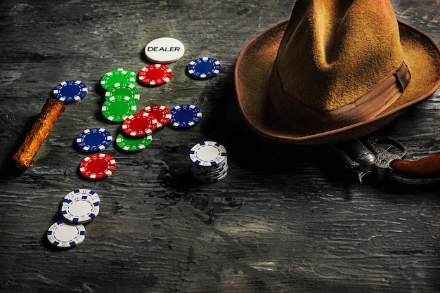 Free photo cigar, chips for gamblings, drink and playing cards