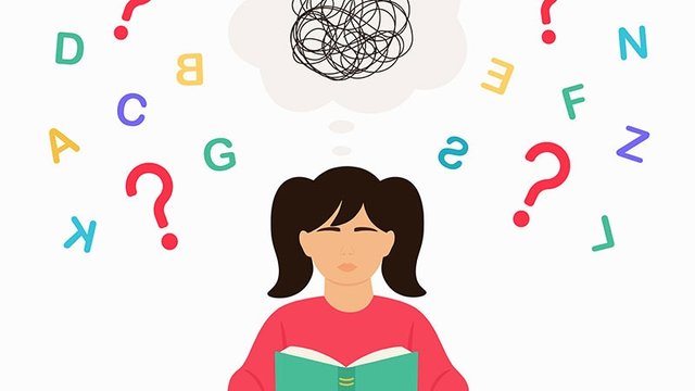 Girl reading a book with a concerned expression