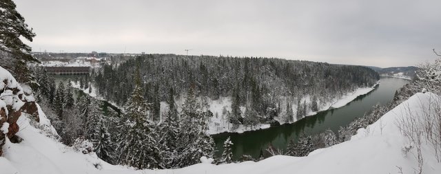 Pano of the hydro plant at left and it’s outlet