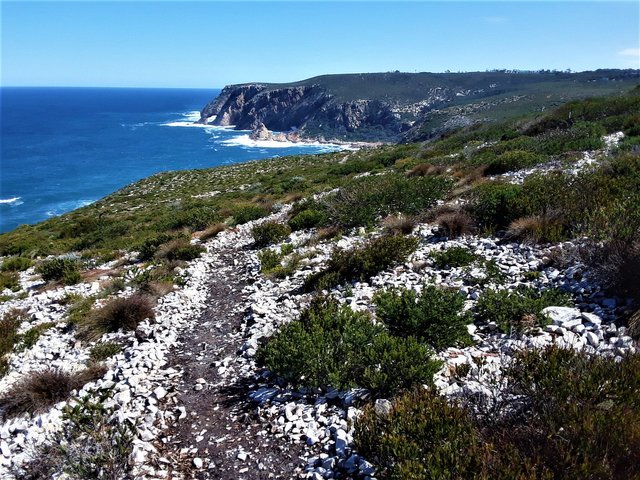 View from the cliff tops of the rugged South African coast as it meets the Indian ocean