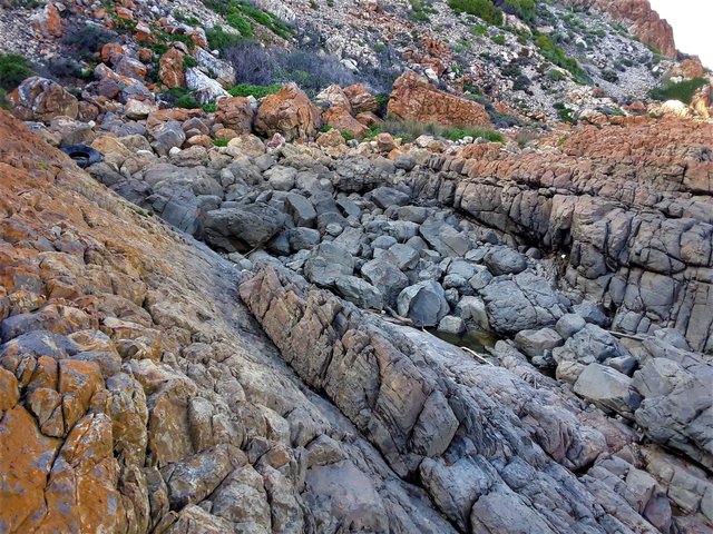 A clearer contrast between the bright ochre rock surface and the duller rock surface where the foam washed up recently