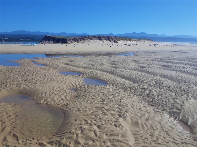 Lagoon on the far left and sea on far right of the picture, facing east, with river mouth and town behind me