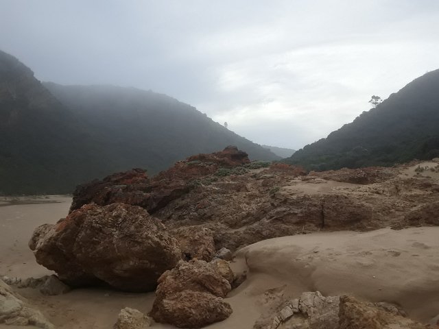 Coastal rocks in the river valley at the shoreline