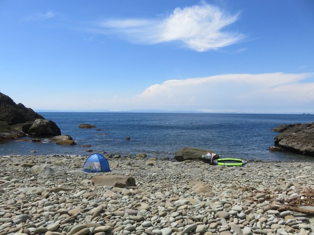 The camp past cape Kurosaki. Only us here. You can see Shizuoka prefecture in the distance.