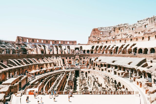 Panorama of the interior with a view of the reconstructed arena floor