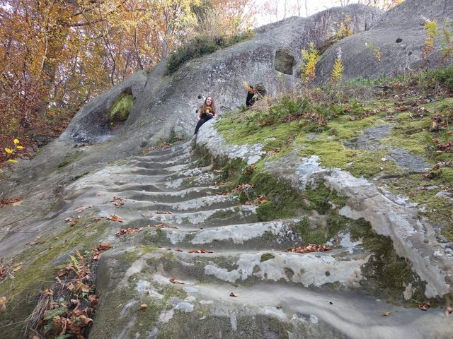 Stone stairs that used to be fitted with wooden handrails.