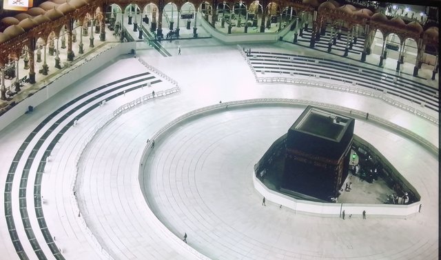 The empty Holy Mosque this day since Marc. I took the picture on the TV screen.