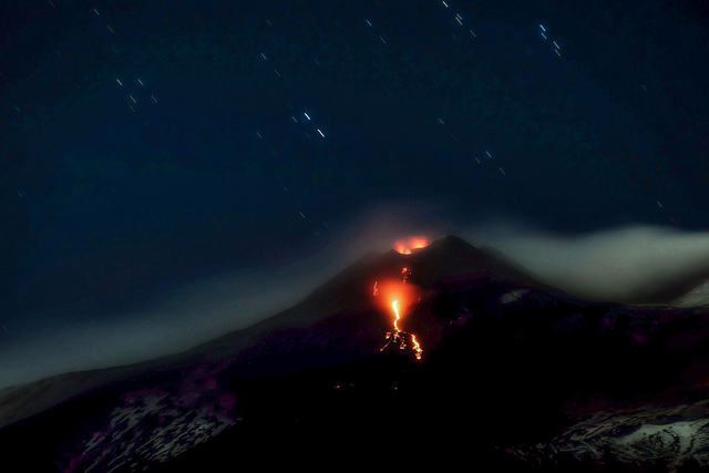 Long exposure photo of the NSEC (New South East Crater) eruption with two chimneys of February 2014.  